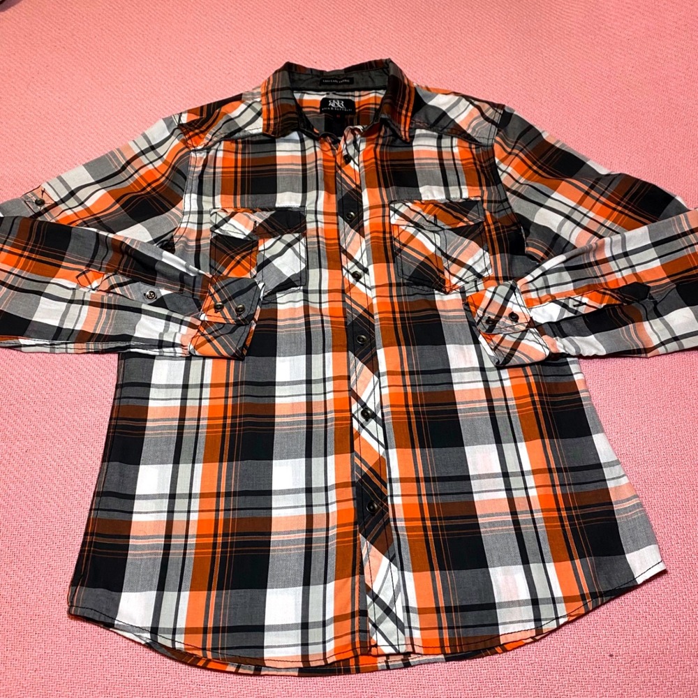 Rock & Republic Mens Orange‎ Black White Plaid Long Sleeve Button Down Shirt M